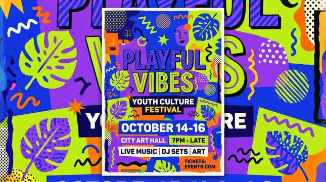 Playful editorial poster with saturated blue, purple and lime blocks, abstract leaves, squiggles and patterned shapes, Memphis graphic design, bold complementary colors, generic typography area,