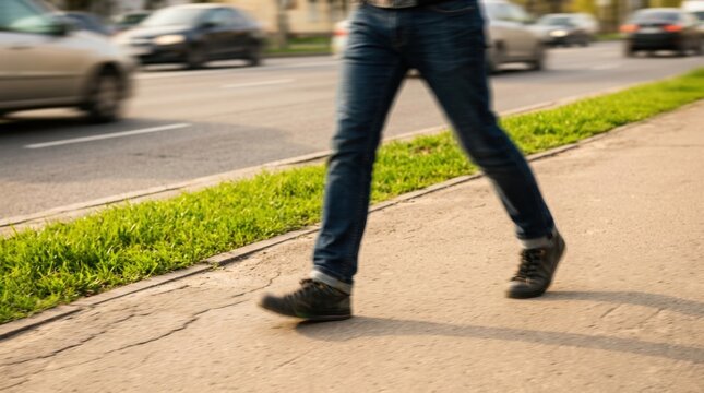 Cropped legs of a person walking briskly beside a road and strip of green grass, motion-blurred street lifestyle photography, warm daylight, soft beige asphalt and fresh green palette, dynamic urban