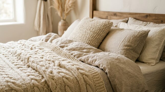 Close-up of layered cream and beige bedding with rich knitted textures, cozy interior photography, warm neutral palette, soft natural light, shallow depth of field, premium textile and slow-living