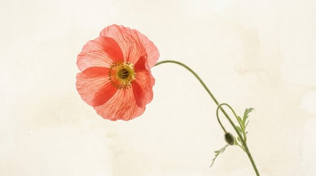 Translucent coral-red flower with delicate veined petals on a slender curved stem, cream background, high-key botanical fine-art photography, subtle watercolor quality, soft shadows and elegant