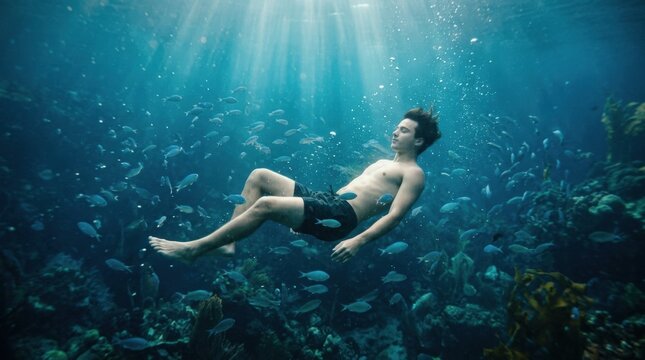 Young man immersed underwater among softly drifting fish, surreal cinematic photography, turquoise and deep blue palette, dreamy particulate light, gentle bubbles, calm expression, atmospheric depth,
