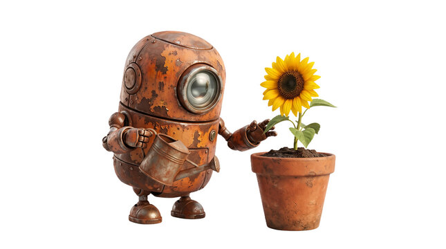 A rusty small robot holding a watering can next to a sunflower in a clay pot , isolated on transparent background png .