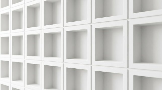 White sculptural wall made of repeating recessed square modules, minimalist architectural detail photography, soft gray shadows, precise geometric pattern, clean high-key palette and contemporary