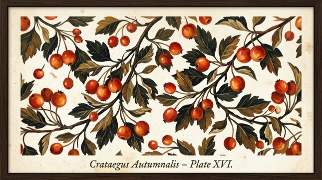 Dark leafy branches dotted with glowing red-orange fruit, painterly botanical illustration, near-black foliage, cream highlights, textured brushwork, rich autumn palette, decorative still-life pattern