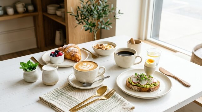 Coffee cups and small breakfast items arranged on a bright white table, commercial food photography, cream, warm brown and soft green accents, high-key natural light and clean hospitality aesthetic.
