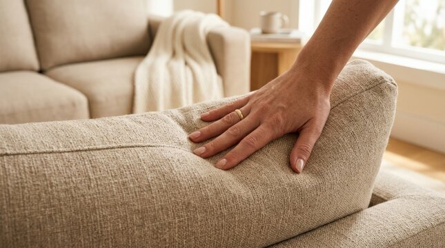 Woman's hand pressing into a beige upholstered sofa cushion, tactile lifestyle photography, warm sunlight, visible fabric texture, soft neutral palette and commercial home comfort or furniture-quality