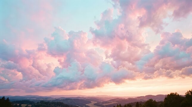 Voluminous pink and blue clouds filling the sky like cotton candy, dreamy atmospheric photography, pale cyan, blush and lavender palette, soft glowing light, fantasy cloudscape and uplifting