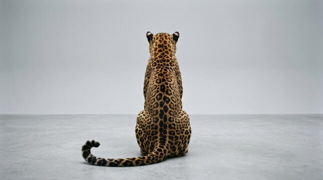 Rear view of a seated leopard or jaguar facing away in a seamless pale gray studio, surreal wildlife portrait, rich ochre-and-black rosette pattern, minimal composition, soft diffused light, elegant