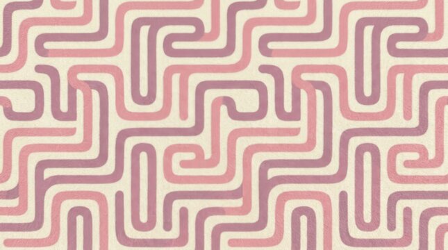Retro maze pattern of rounded pink and mauve bands on cream, seamless geometric illustration, soft fuzzy texture, 1970s interior-design aesthetic, playful textile and wallpaper background.