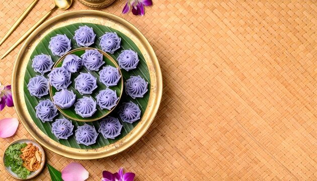 Thai royal canapes Chor Muang, flower-shaped dumplings with butterfly pea wrappers on a banana leaf brass tray