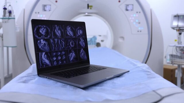 Laptop displaying detailed cardiac scan images with multiple heart cross sections, filmed from different angles on a CT examination table in a modern medical imaging room for cardiovascular diagnosis.