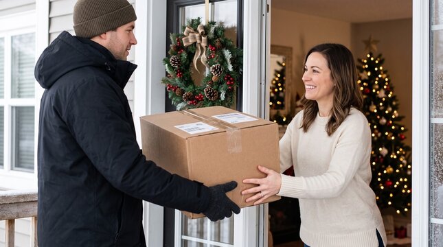 Woman receiving a parcel from delivery person at decorated home doorway. Christmas delivery and holiday shopping. E-commerce, shipping and doorstep service. Seasonal celebration and gift