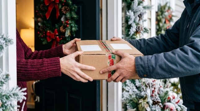 Person handing cardboard delivery box to recipient at Christmas decorated doorway. Holiday parcel delivery and doorstep service. Online shopping, shipping and seasonal gift giving