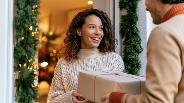 Woman receiving wrapped Christmas present from man in decorated doorway. Holiday gift exchange and seasonal celebration. Christmas shopping, giving and festive family tradition.