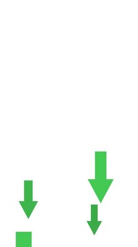 Green arrows falling downward to illustrate price drops, inflation reduction, interest rate cuts, and cost deflation. Chroma key green screen with alpha channel. (loopable)