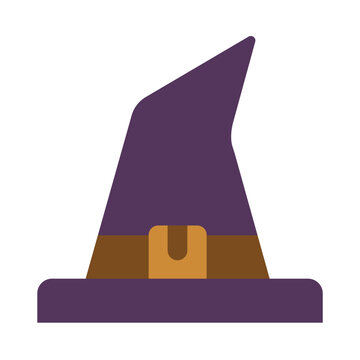 Flat vector illustration of a purple witch hat featuring a brown band and gold buckle against a white background.