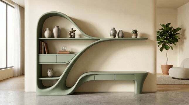 Sculptural sage-green shelving or furniture with flowing organic curves against a warm cream wall, high-end 3D render, matte surfaces, soft studio shadows, contemporary interior design, biomorphic