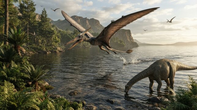 Pterodactyl flying over a prehistoric lake with dinosaurs