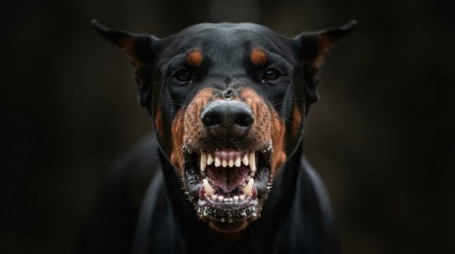 Fierce doberman pinscher growling with bared teeth