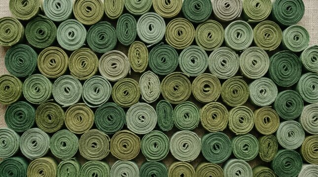 Top-down arrangement of tightly rolled green textiles or paper coils, tactile pattern photography, moss, olive and sage palette, soft diffuse light, repetitive circular geometry, handcrafted texture