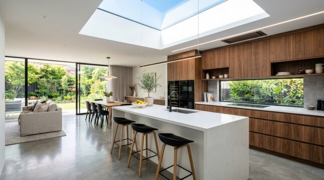 Modern open-plan kitchen with white island, warm wood cabinetry and broad skylight, premium interior photography, clean lines, natural daylight and sophisticated contemporary-home aesthetic.