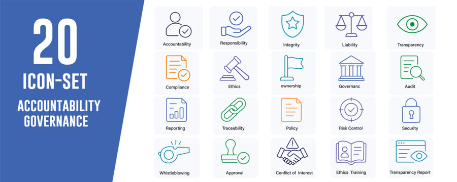 Accountability and Governance icon set. Contains icons related to Accountability, governance, and more. Editable stroke. Vector illustration.