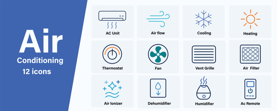 Air Conditioning and Climate Control icon set. Contain icons related to Air conditioning, climate control, and more. Editable stroke. vector illustration.