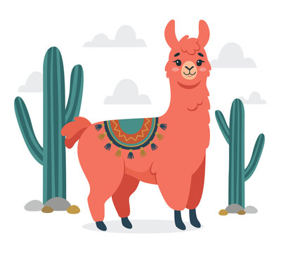Cute pink llama illustration in desert with green cactus and clouds. Cute alpaca character with traditional tribal saddle pattern isolated on white background.