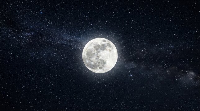 Full moon shining brightly in a starry night sky with Milky Way