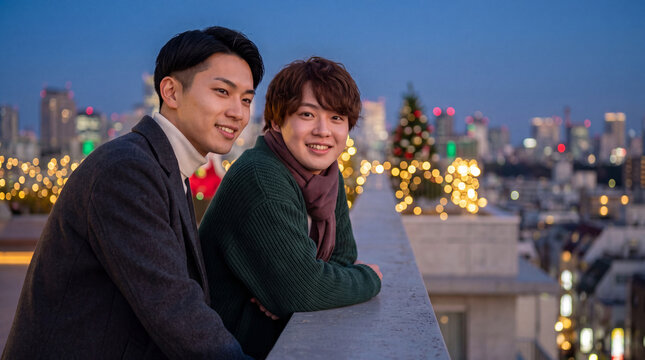クリスマス飾りの屋上で寄り添い微笑む二人の男性 | 街の夜景