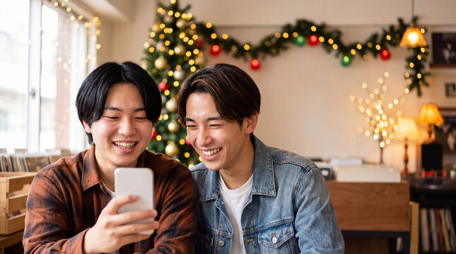 クリスマスツリーの前でスマホを見て笑う20代男性 | 電飾の輝き