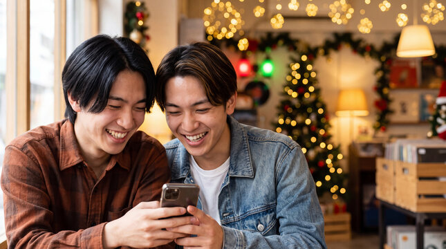 クリスマスツリーの前でスマホを見て笑う20代男性 | 電飾の輝き