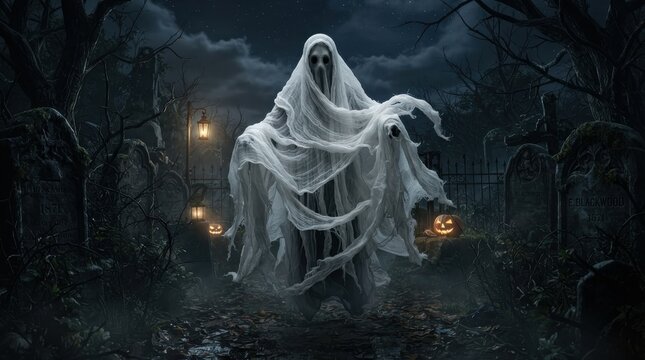 Spooky ghost floating in a dark haunted cemetery at night