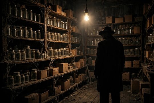 Old Man Silhouette in Dark General Store, Creepy Horror Portrait