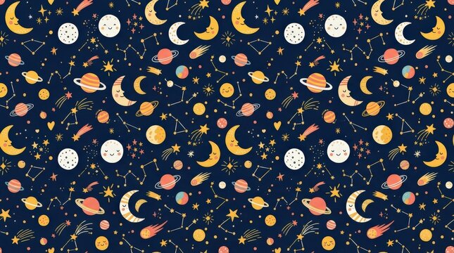 Dark celestial pattern filled with tiny illustrated moons, stars and planets, whimsical flat vector design, navy, yellow, white and coral palette, playful astronomy and children&rsquo;s textile aesthetic.