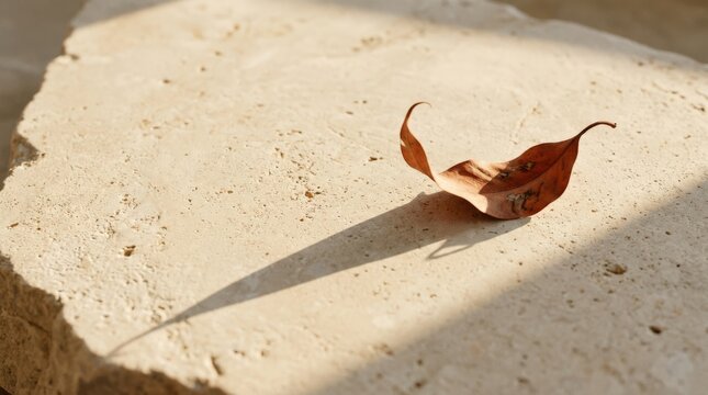Single terracotta-colored leaf or smooth pebble resting on pale sunlit stone, minimalist nature still life, warm cream and clay palette, strong diagonal afternoon shadow, tactile mineral surface,