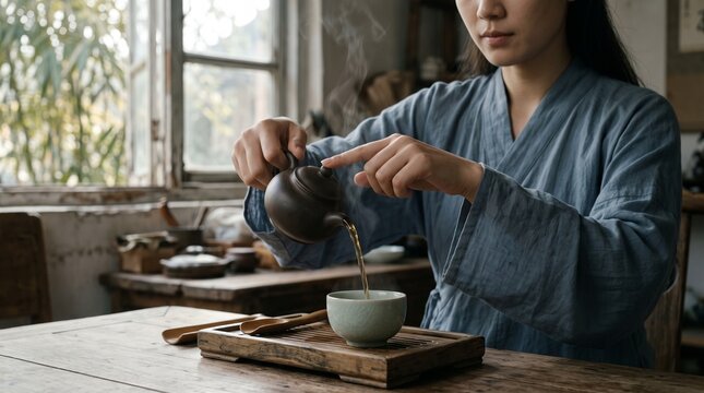 Woman in Hanfu pouring tea from a clay teapot in China