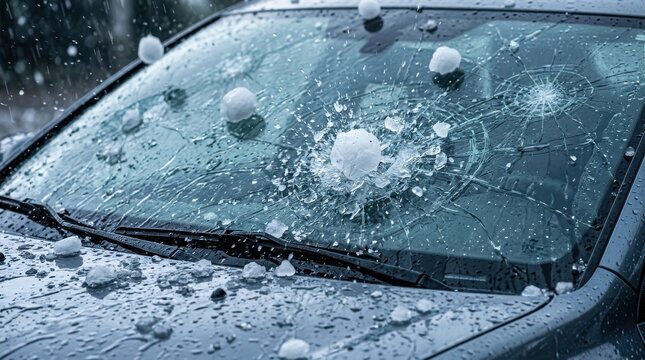 hail stones hitting a cracked car windshield in a storm