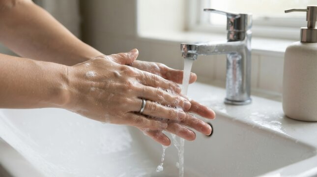 Person washing hands with soap under running water in a bathroom