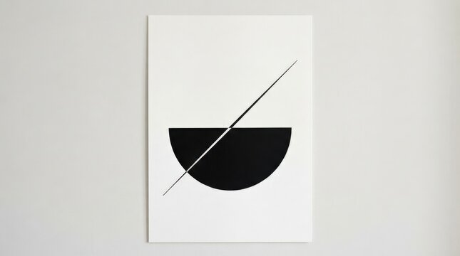 Large black semicircular form intersected by a thin diagonal line on white, ultra-minimal geometric poster, high contrast, clean negative space and elegant contemporary abstract-design aesthetic.