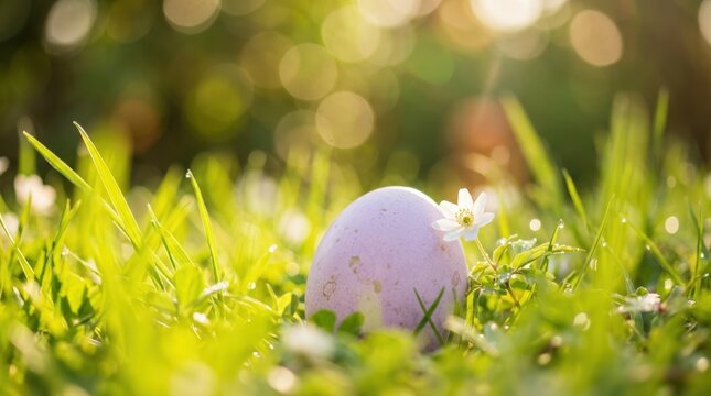 Single pastel lavender Easter egg nestled in vibrant spring grass with a delicate white wildflower beside it, dreamy seasonal macro photography, low ground-level view, luminous lime green grass blades