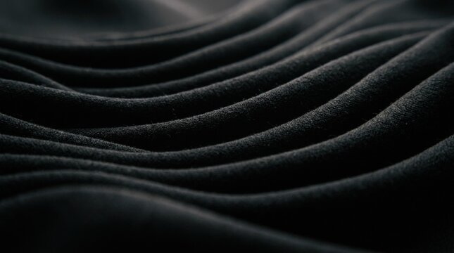 Layered black fabric or sculptural ridges forming smooth parallel waves, abstract macro photography, charcoal-on-black palette, grazing side light revealing fine texture and elegant repetitive curves
