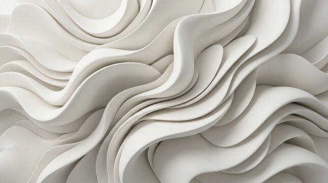 Overlapping smooth white biomorphic forms filling the frame, abstract minimalist CGI, ivory and soft gray gradients, sculptural curves, subtle shadows, clean luxury design language and calm modern