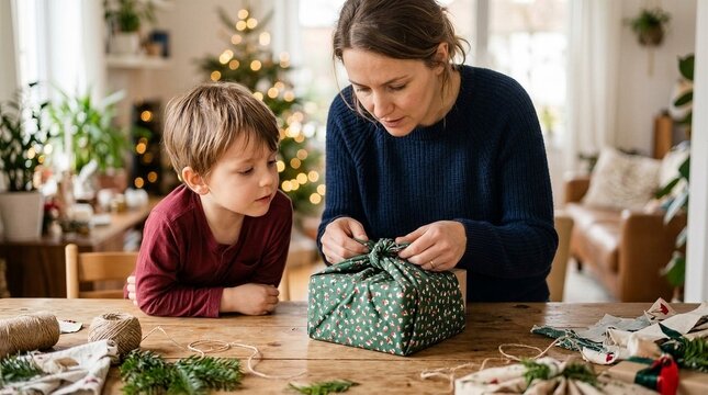 Mother and child wrap a Christmas gift together at home. Family holiday tradition and festive preparation. Handmade gift wrapping and sustainable packaging. Christmas celebration