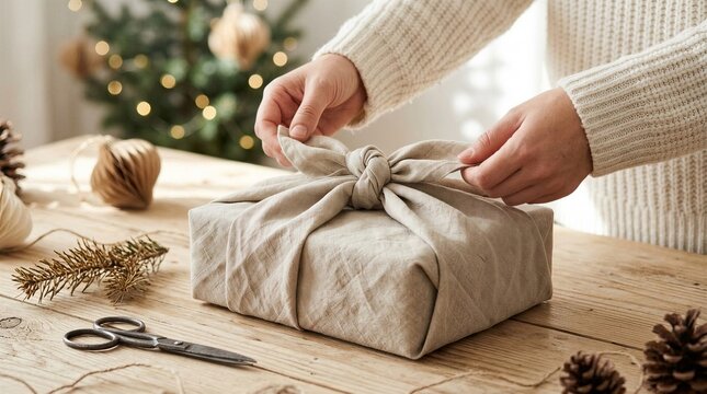 Hands tying reusable fabric around a Christmas gift on a wooden table. Sustainable holiday gift wrapping. Eco friendly packaging and zero waste celebration. Handmade seasonal craft.
