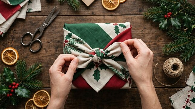 Hands tying a reusable fabric wrap around a Christmas gift on a rustic wooden table. Eco friendly holiday gift wrapping. Sustainable present giving and festive crafting. Zero waste Christmas