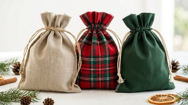 Three reusable drawstring gift bags in burlap, plaid and green fabric on a festive tabletop. Christmas gift packaging and holiday presentation. Sustainable wrapping and seasonal celebration.