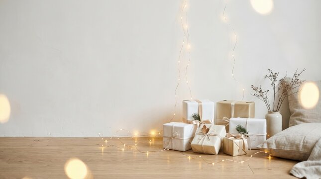 Minimalist holiday interior featuring small wrapped Christmas presents and delicate string lights near a pale wall, elegant seasonal lifestyle photography, white and champagne gold gift packaging,