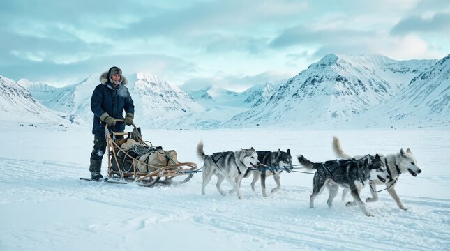 Traveler guiding a dog sled across an expansive snowfield, cinematic winter photography, white and pale cyan palette, dynamic huskies, expedition, resilience and outdoor adventure concept.