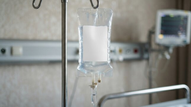 IV bag hanging on pole in hospital room